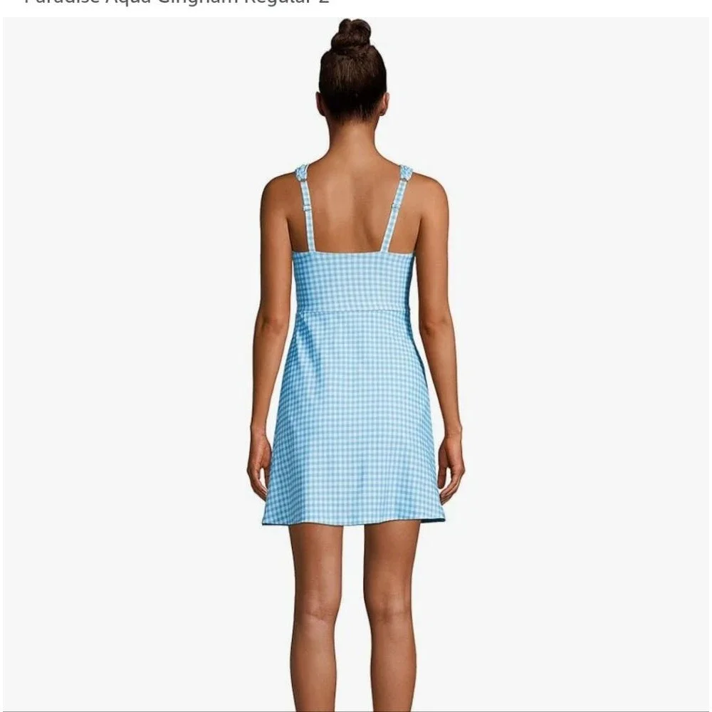 NWT Lands' End Aqua Blue Gingham Tummy Control Swim Dress Size 12 LONG Modest